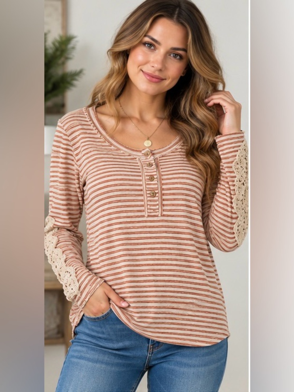 Easel Striped Henley with Crochet Detail on Sleeves NWT